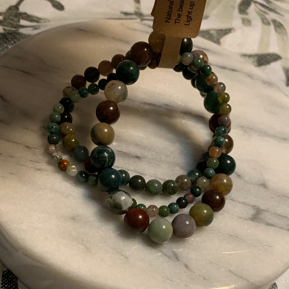 Natural Stone Indian Agate Set of 3 Beaded Bracelets
